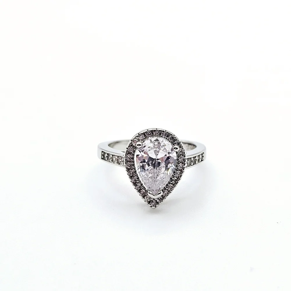 925 Sterling Silver Pear Cut Halo CZ Ring Sz 7 Bridal Wedding Engagement New